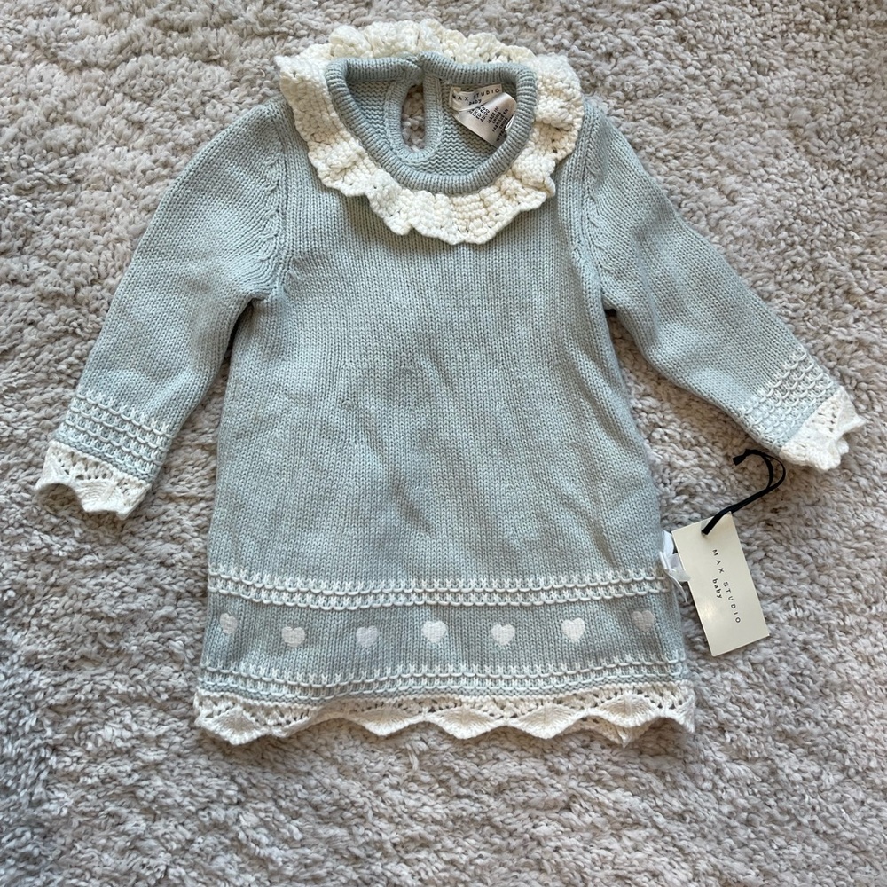 NWT Max Studio Light Blue Baby Sweater Dress White Lace